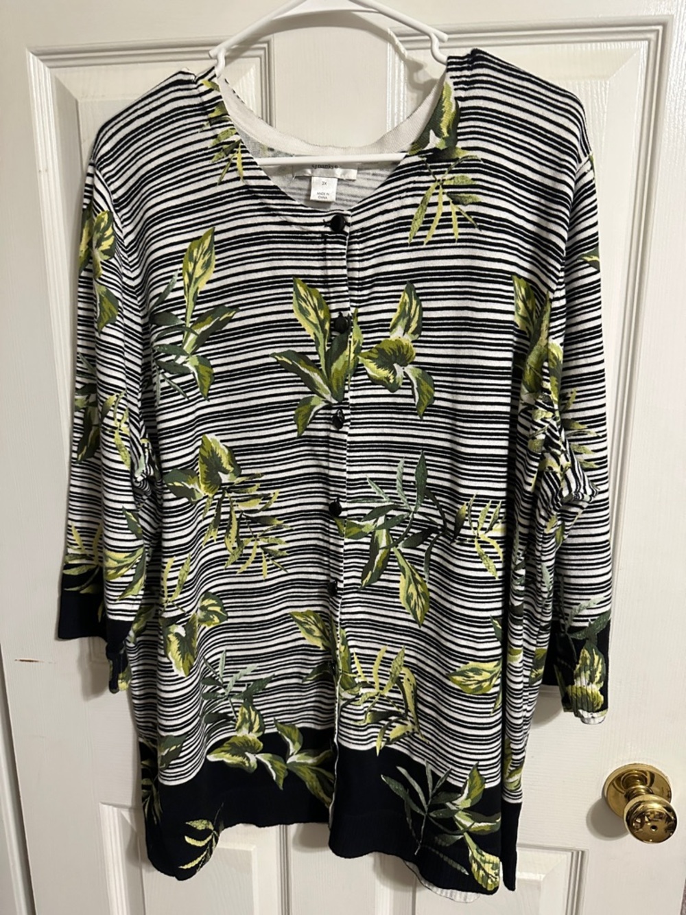 CJ Banks Black White Striped Cardigan with Green Leaf Print